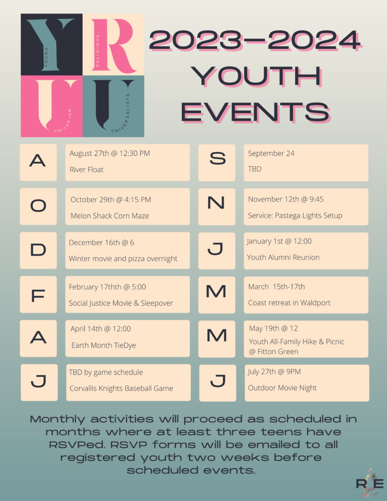 YOUTH EVENTS CALENDAR Unitarian Universalist Fellowship of Corvallis